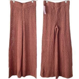 NEW WILD FABLE Open Knit Wide Leg Pants Brown Metallic Small Slit Hem Pull On